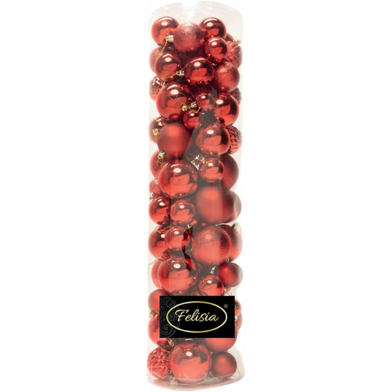 Set di 85 Sfere di Natale in Plastica, Assortite con Diversi Decori Ø 4/5/6/7/8 cm - Confezione Cilindrica - Rosso