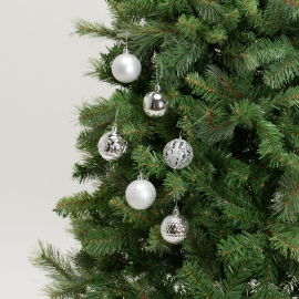 Set 36 Sfere di Natale in Plastica Ø 6 cm - Assortite con Diversi Decori - Confezione Cilindrica - Argento