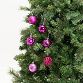 Set 36 Sfere di Natale in Plastica Ø 6 cm - Assortite con Diversi Decori - Confezione Cilindrica - Magenta