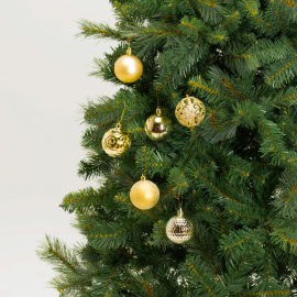 Set 36 Sfere di Natale in Plastica Ø 6 cm - Assortite con Diversi Decori - Confezione Cilindrica - Oro