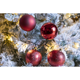 Set 34 Sfere di Natale in Plastica Ø 8 cm - Assortite (Lucide, Opache, Increspate) - Confezione a Cilindro - Rosso