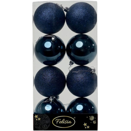 Set 8 Sfere di Natale in Plastica Lucide e Glitterate Ø 8Cm - Vari Colori - Blu Navy