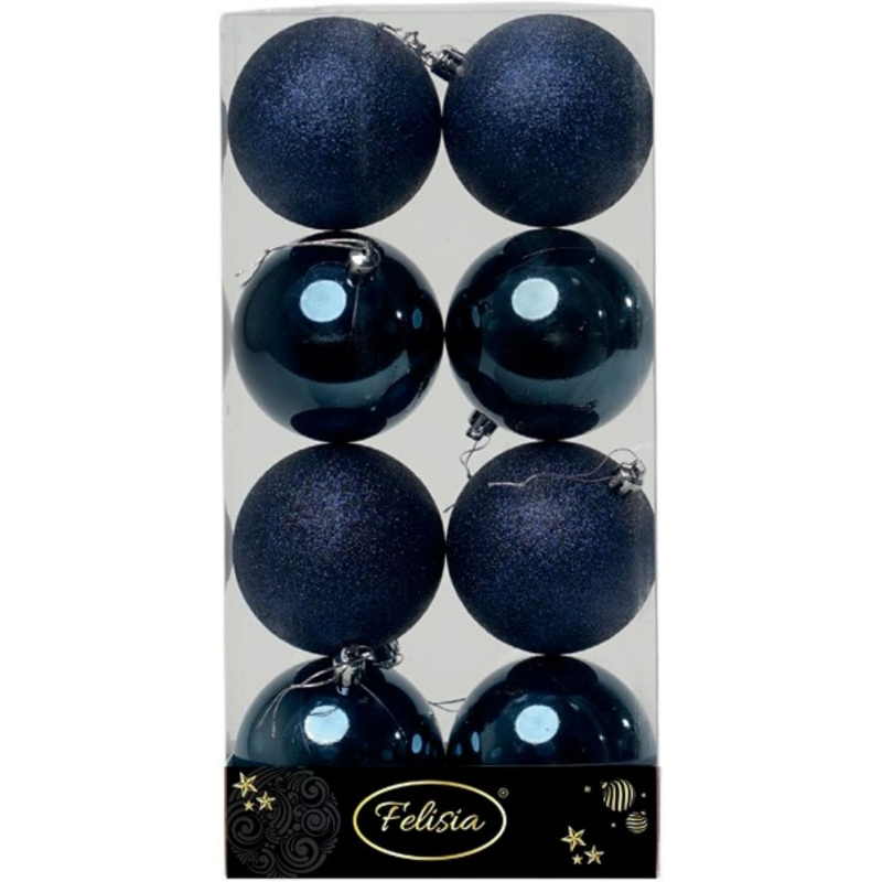 Set 8 Sfere di Natale in Plastica Lucide e Glitterate Ø 8Cm - Vari Colori - Blu Navy