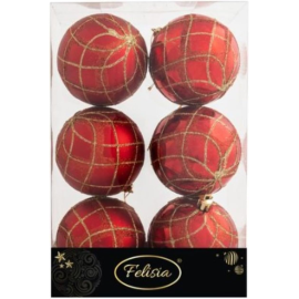 Set 6 Sfere di Natale in Plastica Lucide Ø 8Cm - Vari Colori - Rosso con Decori