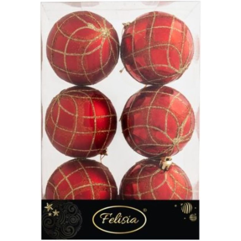 Set 6 Sfere di Natale in Plastica Lucide Ø 8Cm - Vari Colori - Rosso con Decori