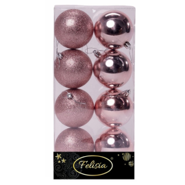 Set 8 Sfere di Natale in Plastica Lucide e Glitterate Ø 8Cm - Vari Colori - Rosa