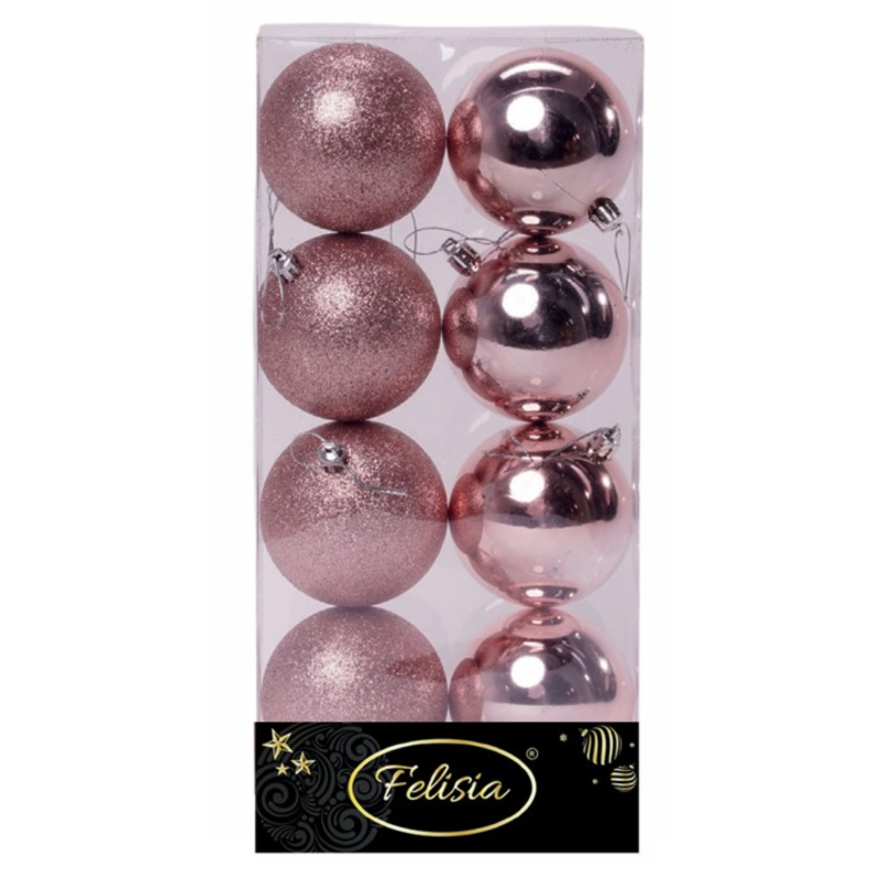 Set 8 Sfere di Natale in Plastica Lucide e Glitterate Ø 8Cm - Vari Colori - Rosa