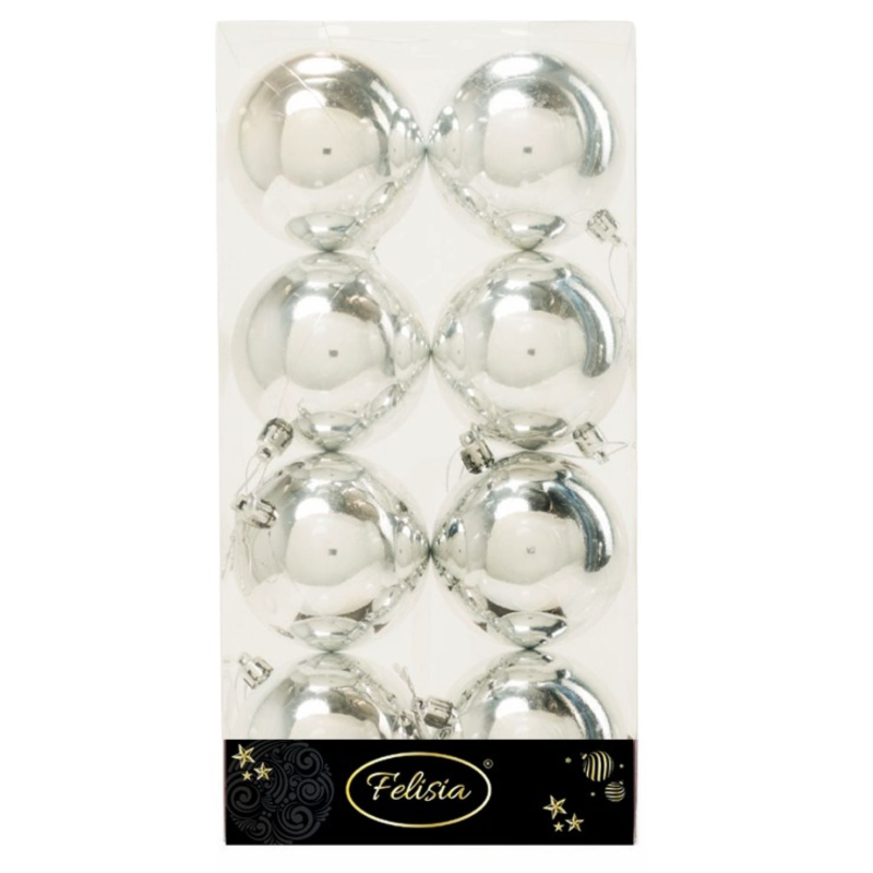 Set 8 Sfere di Natale in Plastica Lucide Ø 8Cm - Vari Colori - Argento Lucido
