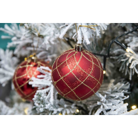 Set 6 Sfere di Natale in Plastica Lucide Ø 8Cm - Vari Colori - Rosso con Decori