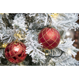 Set 6 Sfere di Natale in Plastica Lucide Ø 8Cm - Vari Colori - Rosso con Decori