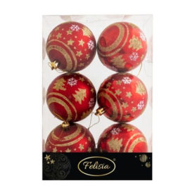 Sfere di Natale Rosso con Decoro Ø 8cm - 6 Pezzi - Decoro Oro