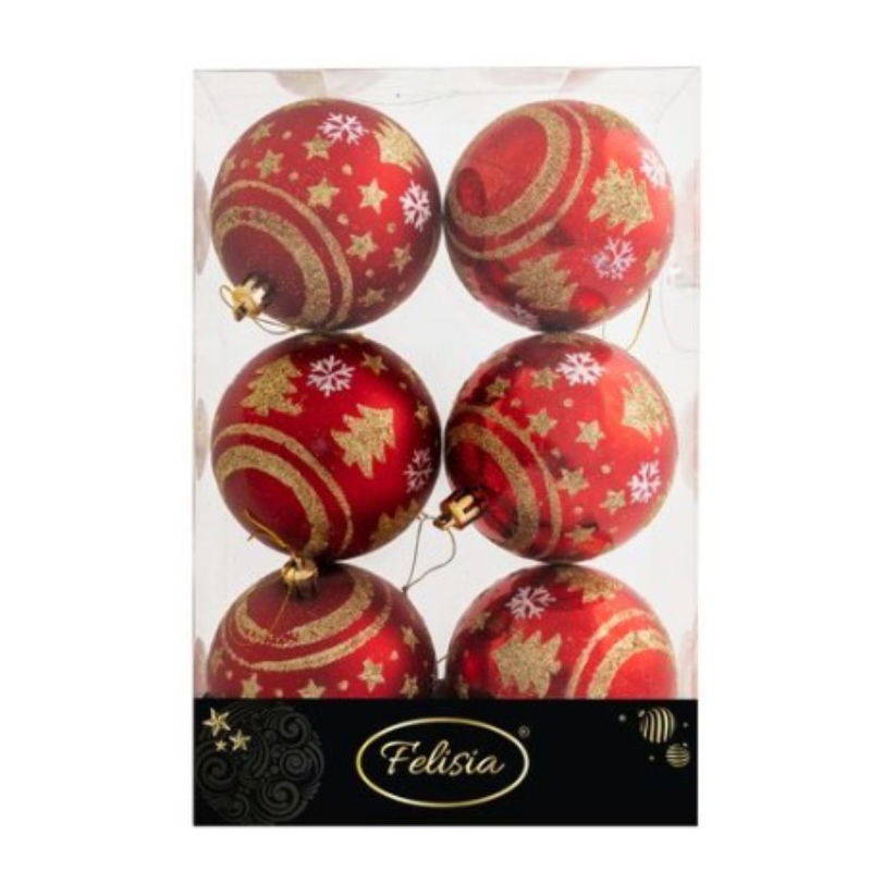 Sfere di Natale Rosso con Decoro Ø 8cm - 6 Pezzi - Decoro Oro