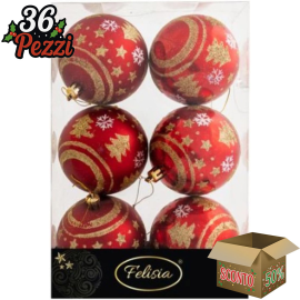 Sfere di Natale Rosso con Decoro Ø 8cm - 6 Pezzi - Decoro Oro