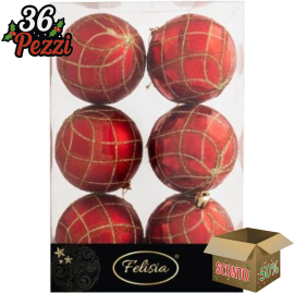 Set 6 Sfere di Natale in Plastica Lucide Ø 8Cm - Vari Colori - Rosso con Decori