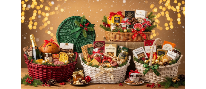 Cesti natalizi in vimini naturali o decorati, pronti per essere riempiti.