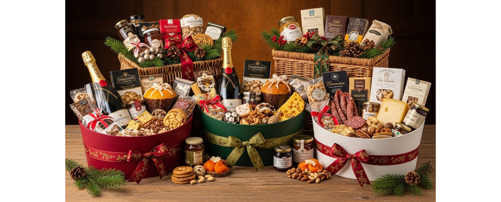 Cesti natalizi in vimini naturali o decorati, pronti per essere riempiti.